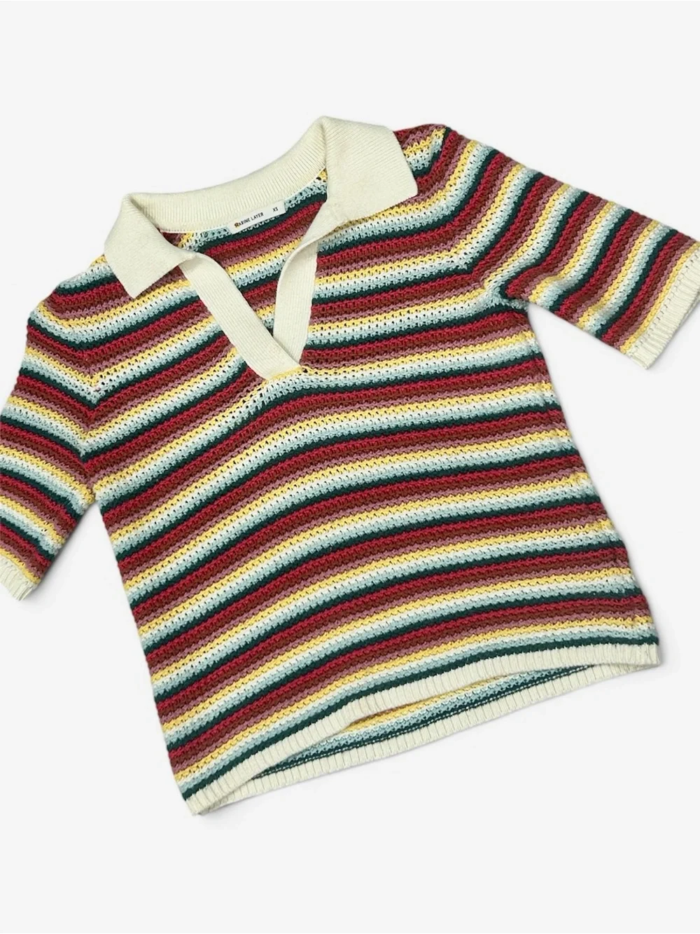 🌈 Retro Marine Layer Multi-Stripe Crochet Polo Sweater 🌈 - Picture 3 of 4